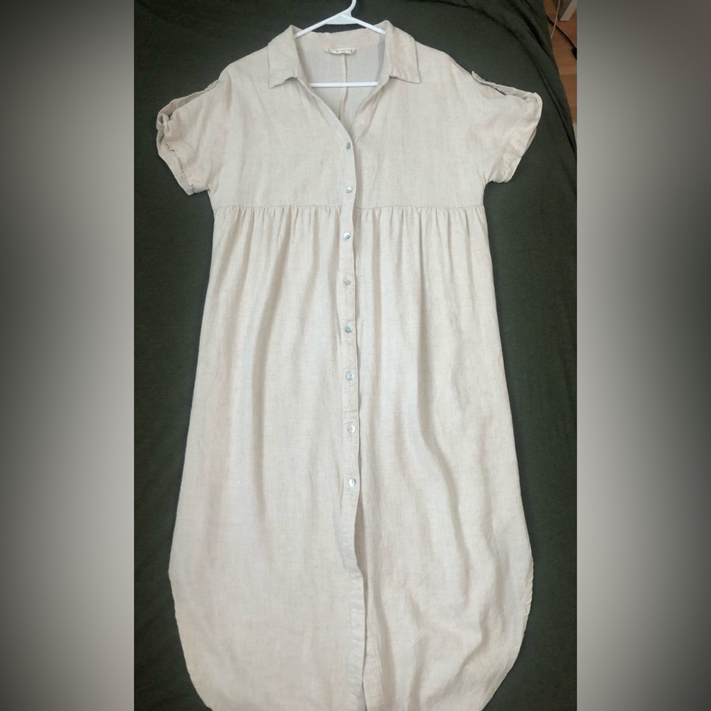 Tan button up linen dress